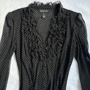Black mesh polka dot blouse with ruffles and button up